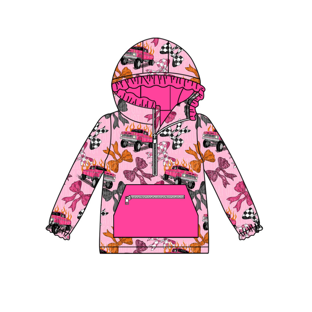 preorder GT1118 cartoon car bows hot pink pocket zipper long sleeve hoodie girls top