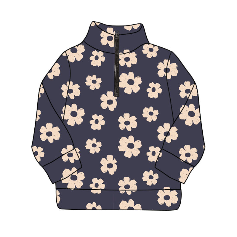 preorder GT1207 yoga flowers navy blue zipper long sleeve girls top