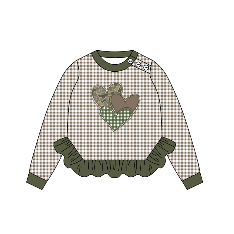 preorder GT1225 Valentine's Day camo heart brown checkered ruffles long sleeve girls top