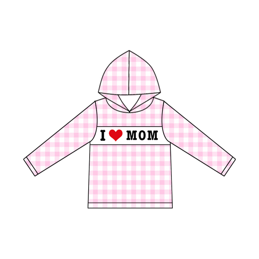 preorder GT1228 i love mom pink checkered hoodie long sleeve girls top