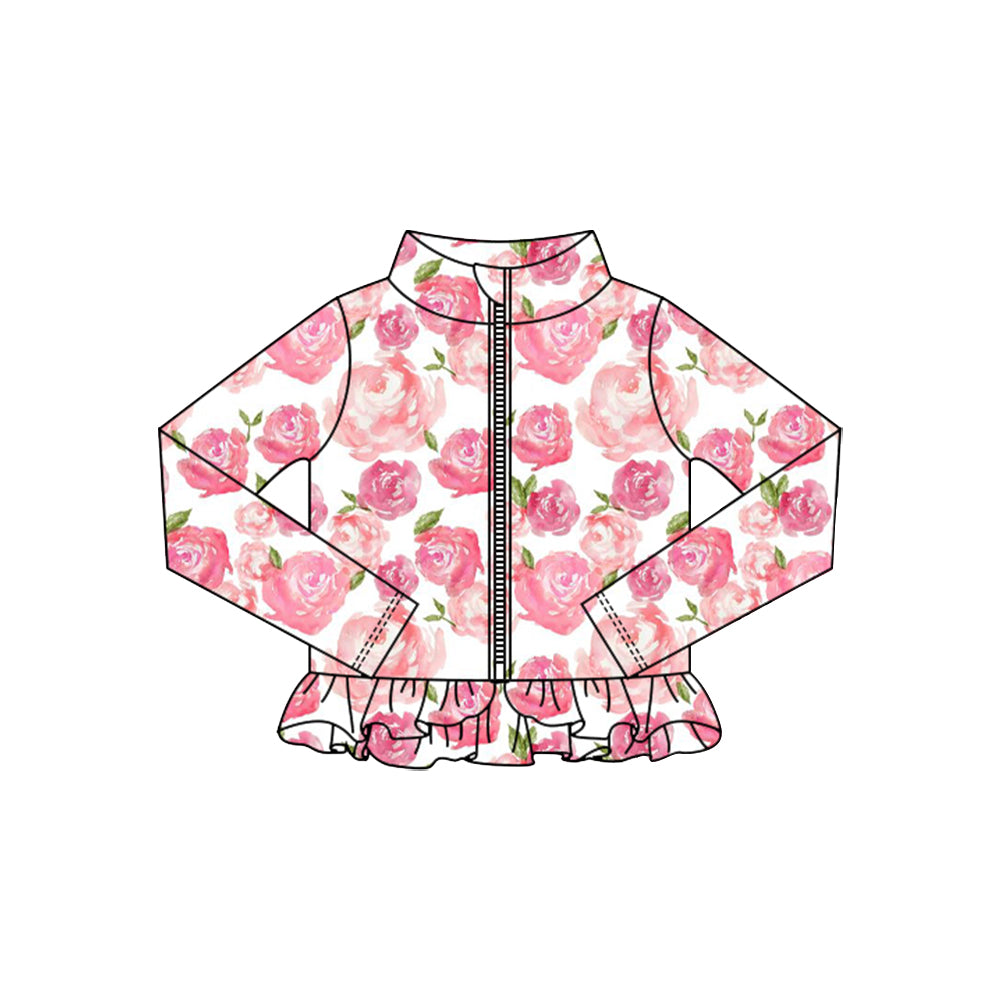 preorder GT1325 yoga pink flowers rose zipper long sleeve girls coat