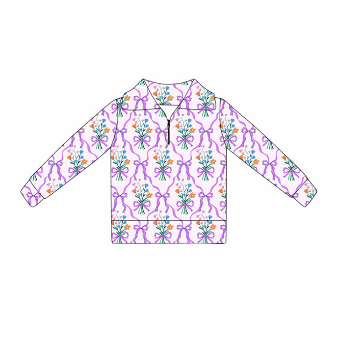 preorder GT1372 yoga flowers purple bows zipper long sleeve girls top