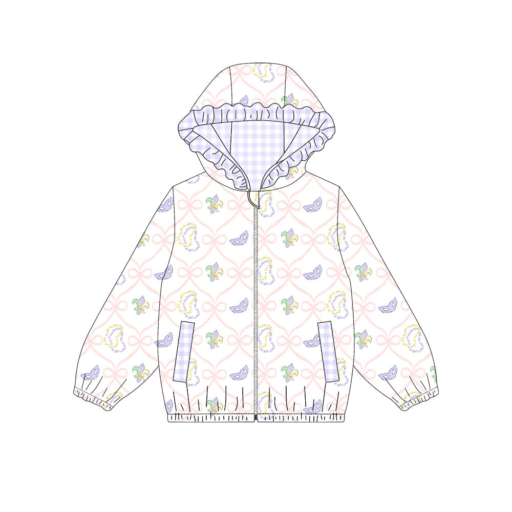 preorder GT1401 Mardi Gras mask bows hoodie zipper long sleeve girls coat