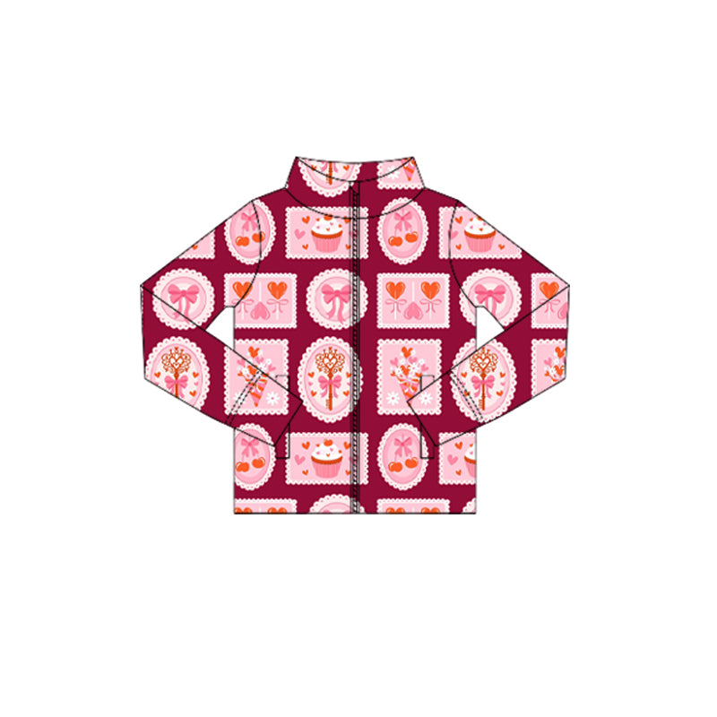 preorder GT1418 Valentine's Day Heart Bows Cake Pink Zipper Long Sleeve Girls Coat