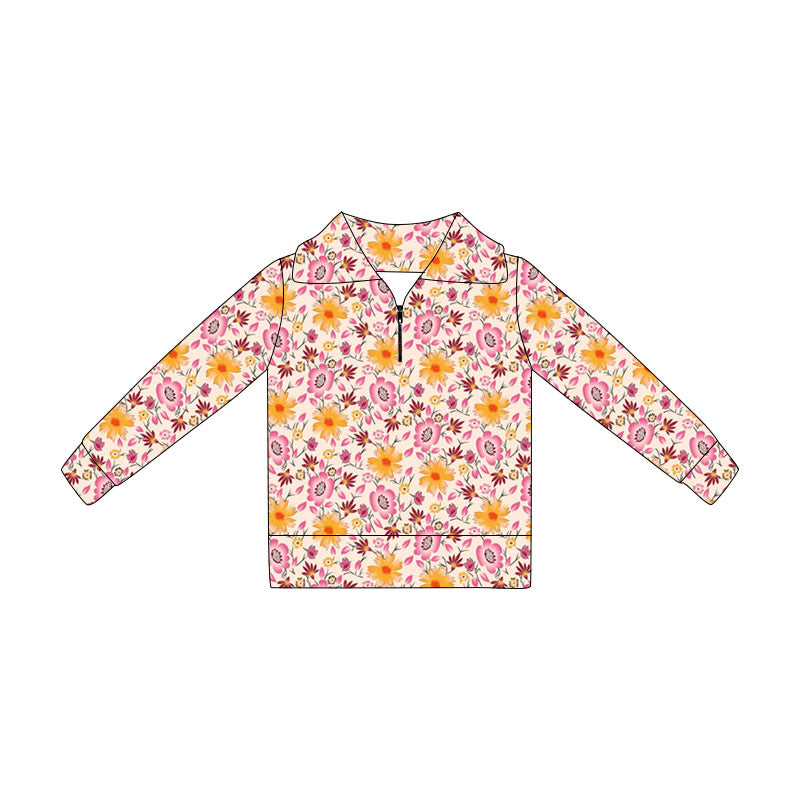 preorder GT1648 Yellow Pink Flowers Zipper Long Sleeve Girls Top