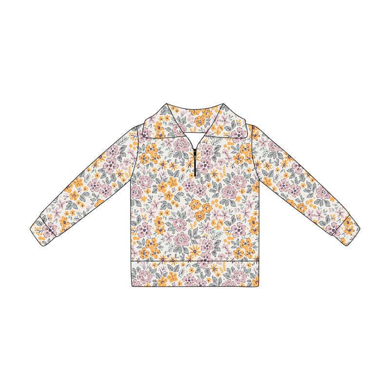 preorder GT1649 Yellow Purple Flowers Zipper Long Sleeve Girls Top