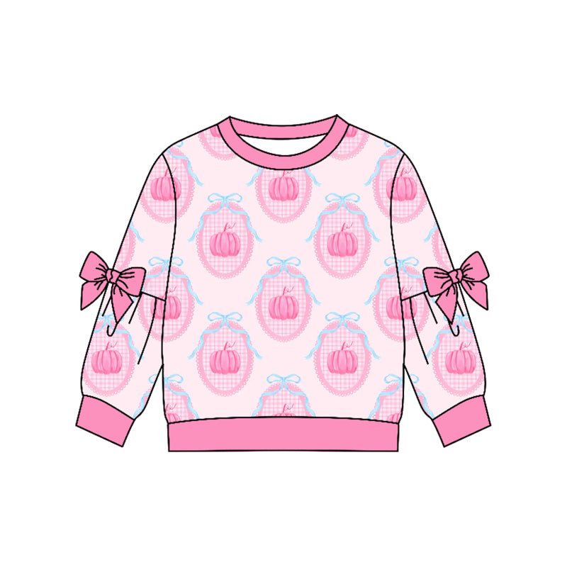 preorder GT1657 Pumpkin Bows Long Sleeve Girls Top