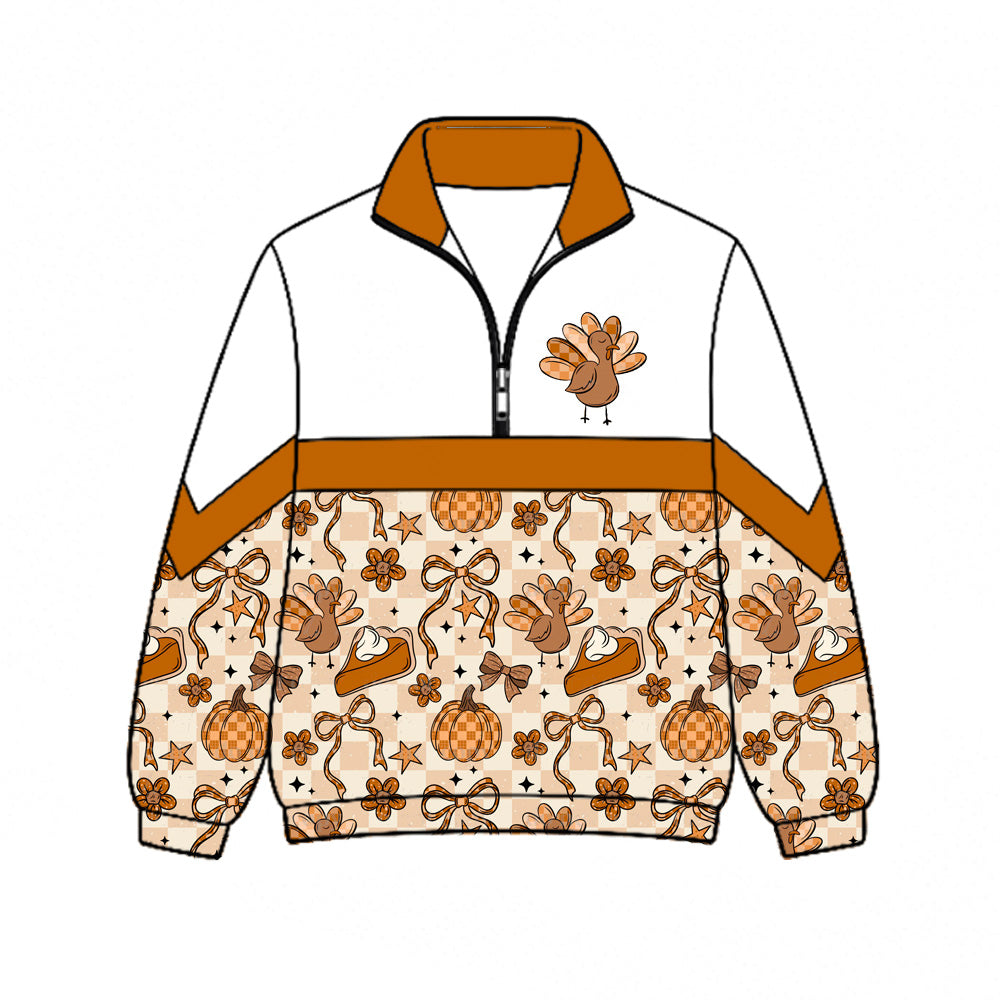 preorder GT1723 Thanksgiving Turkey Pie Zipper Long Sleeve Girls Top