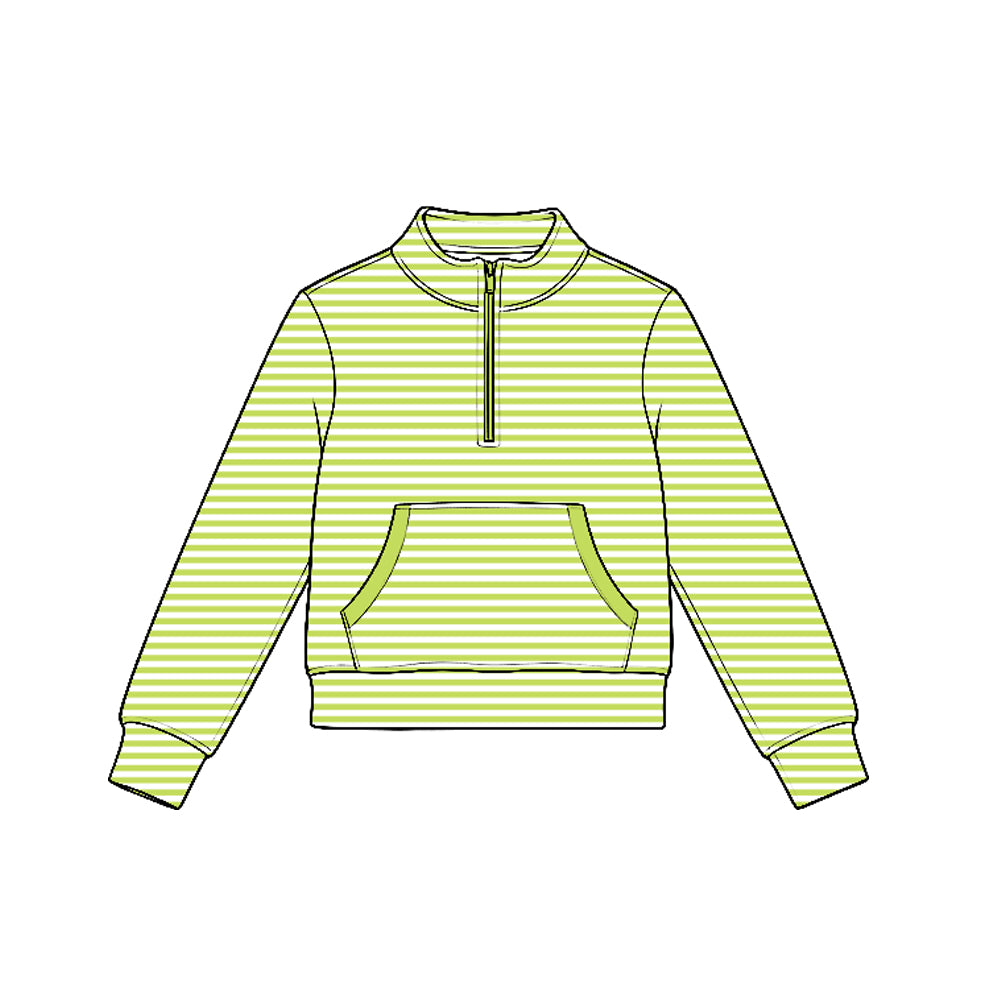 preorder GT1784 Yoga Green Striped Pocket Zipper Long Sleeve Girls Top