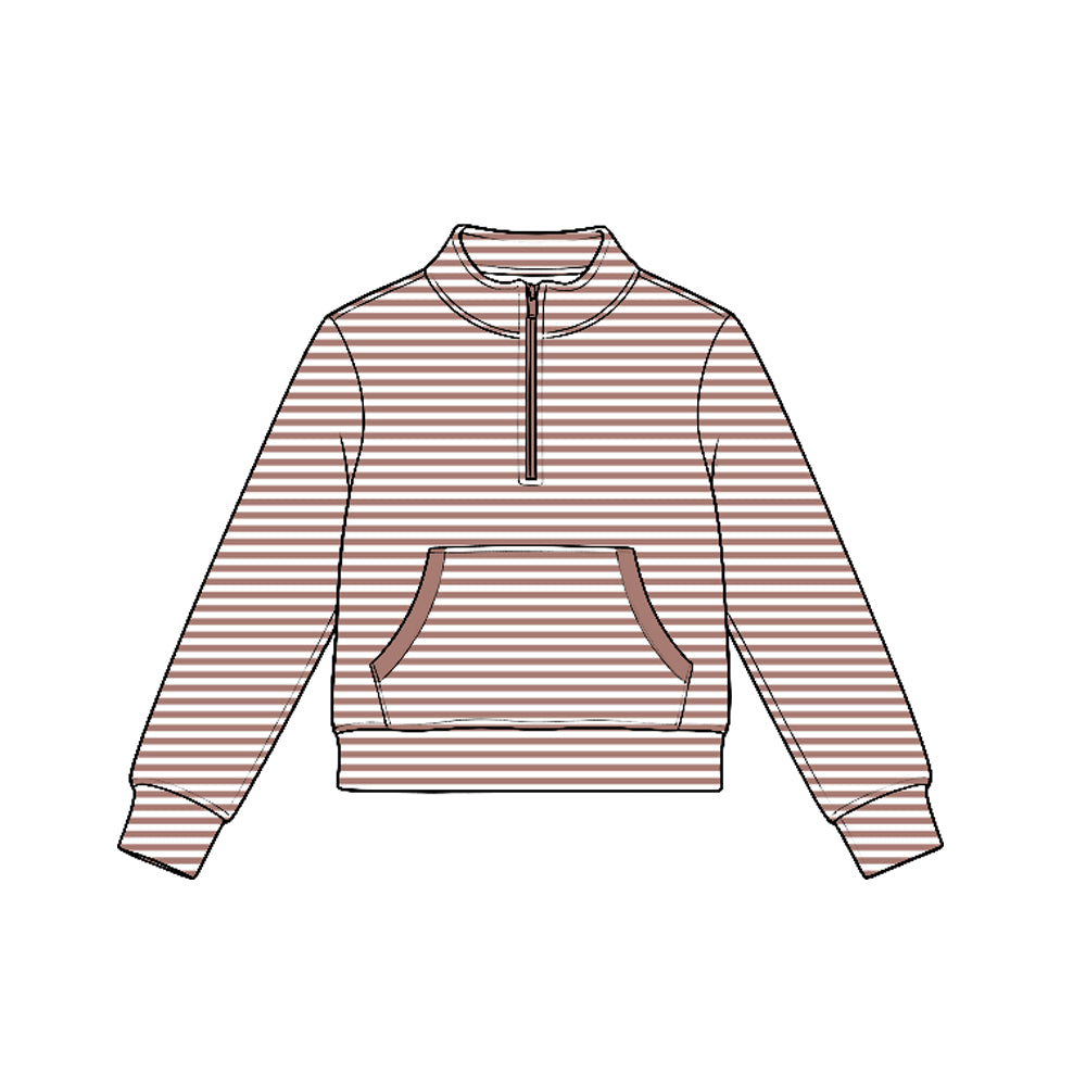 preorder GT1785 Yoga Maroon Striped Pocket Zipper Long Sleeve Girls Top