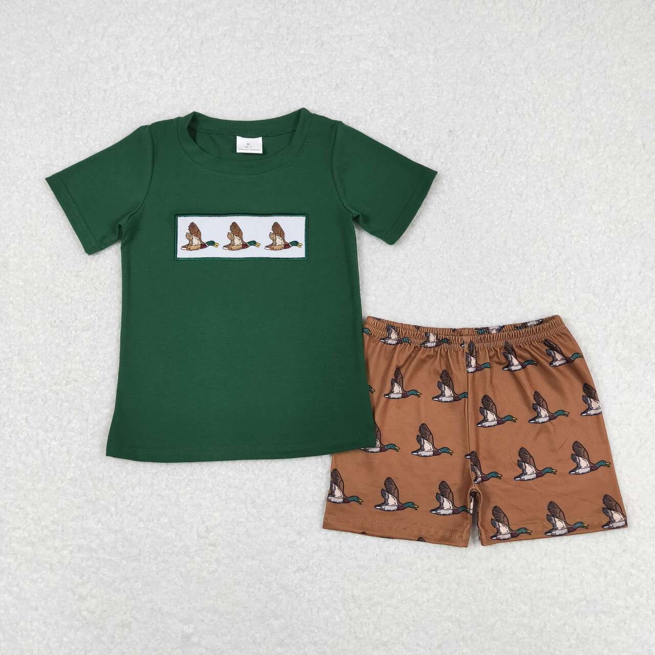 BSSO0735 embroidery mallard duck green short sleeve brown shorts boys set