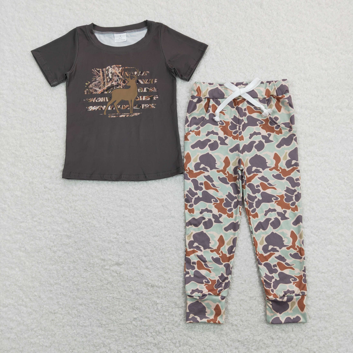 Hunting deer black short sleeve green camo pants boys set