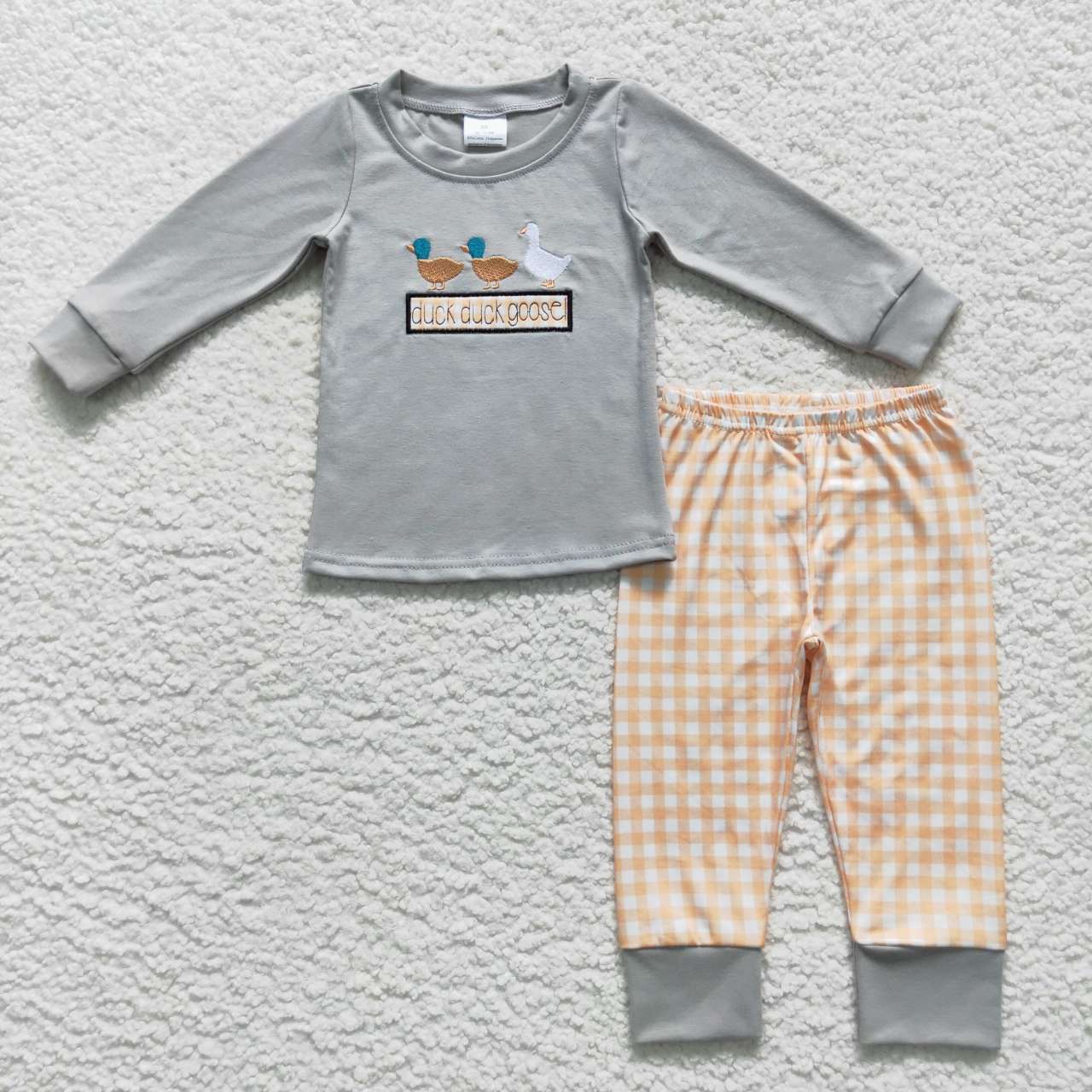 BLP0310 Duck goose grey long sleeve orange plaid pants boys set