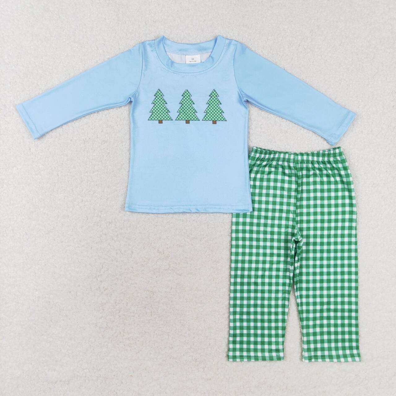 BLP0659 Christmas tree blue long sleeve green checkered pants boys set