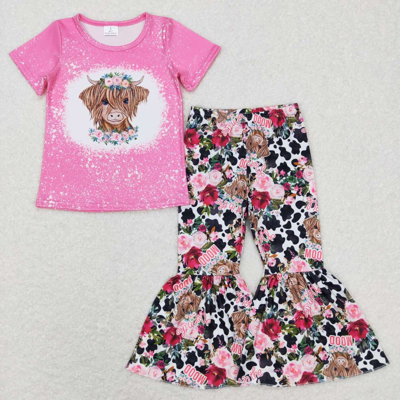 GSPO1024 Highland cow flowers pink short sleeve cow print pants girls set