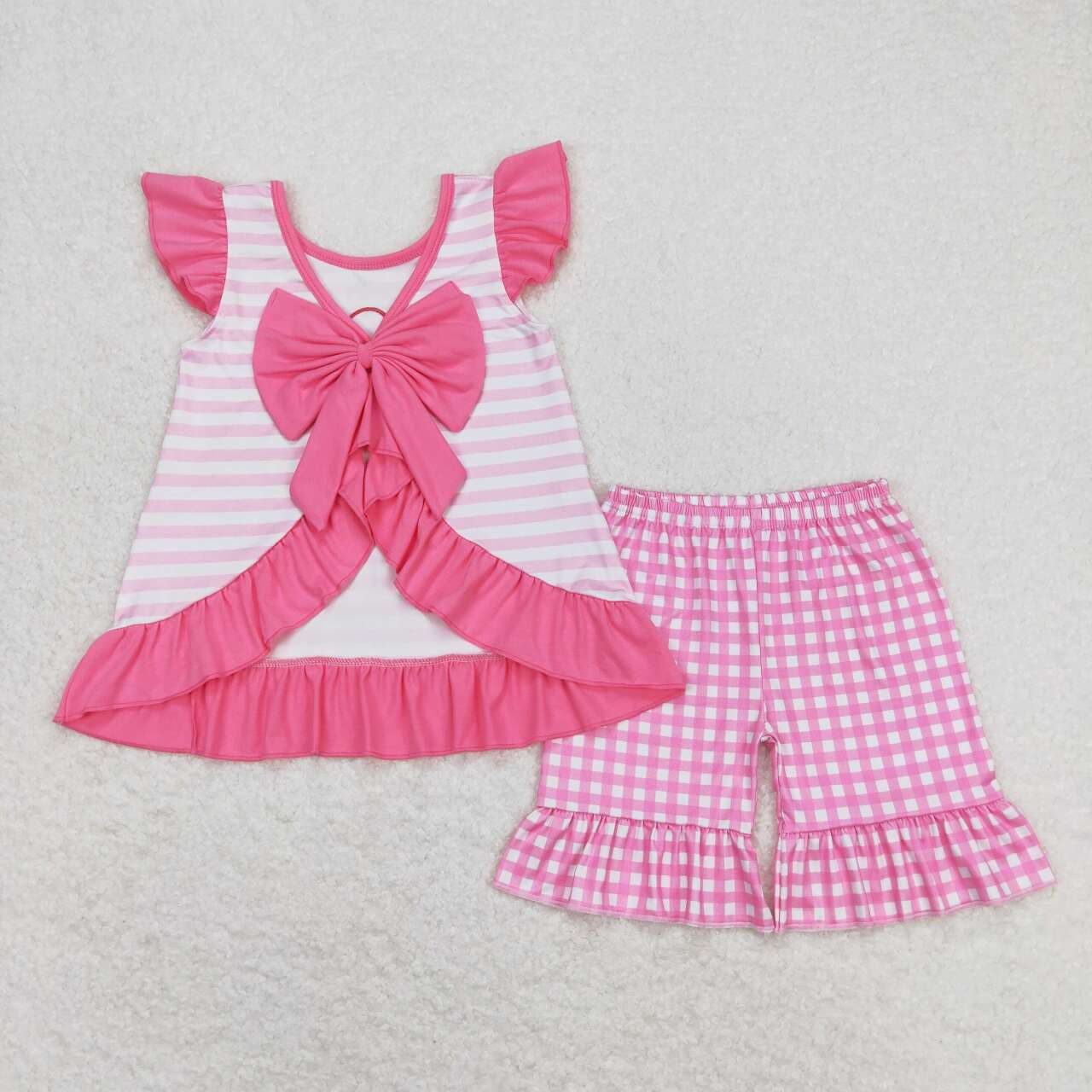 GSSO0563 embroidery I Love Dad Heart Hot Pink Flutter Sleeve Pink Checkered Shorts Girls Set