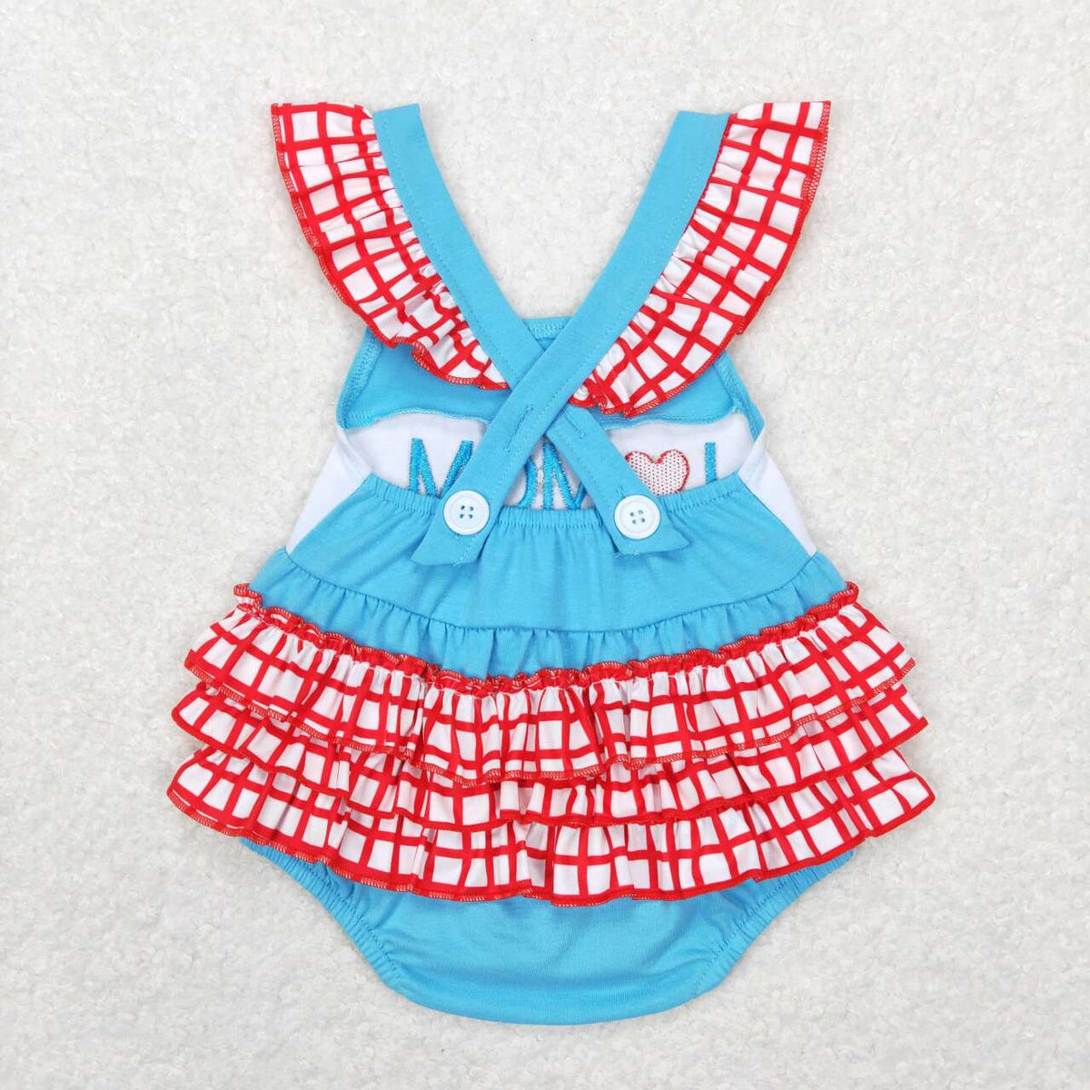 SR0683 I love mom blue red checkered flutter sleeve girls romper