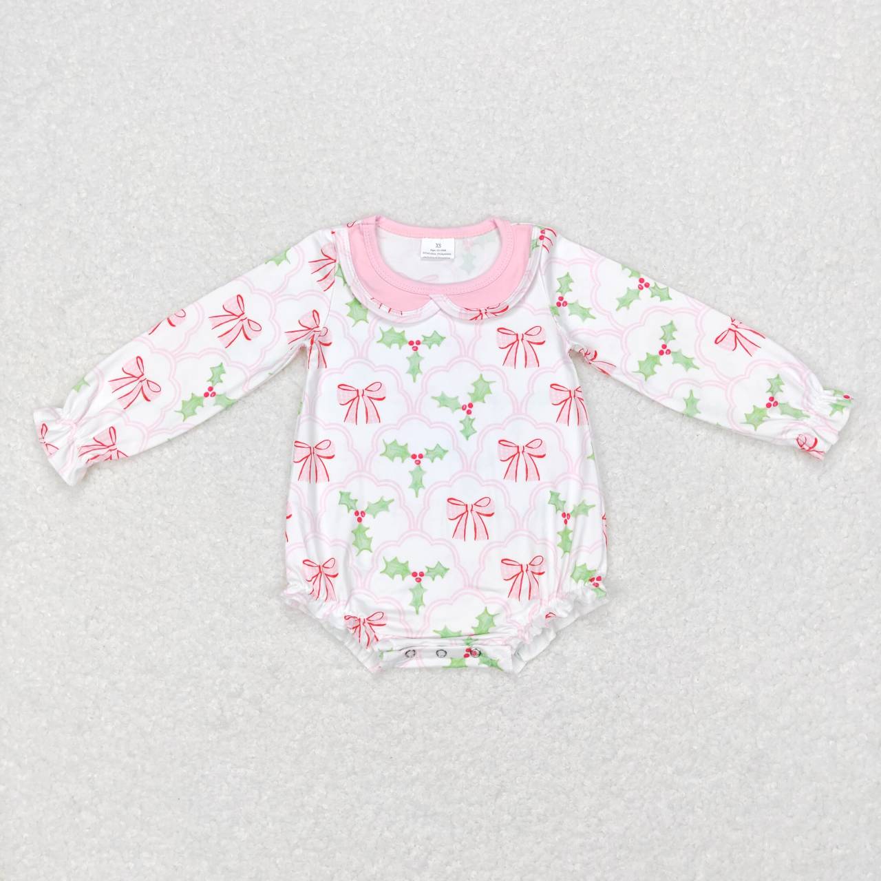 LR0577 Christmas holly leaf bowknot pink long sleeve girls romper