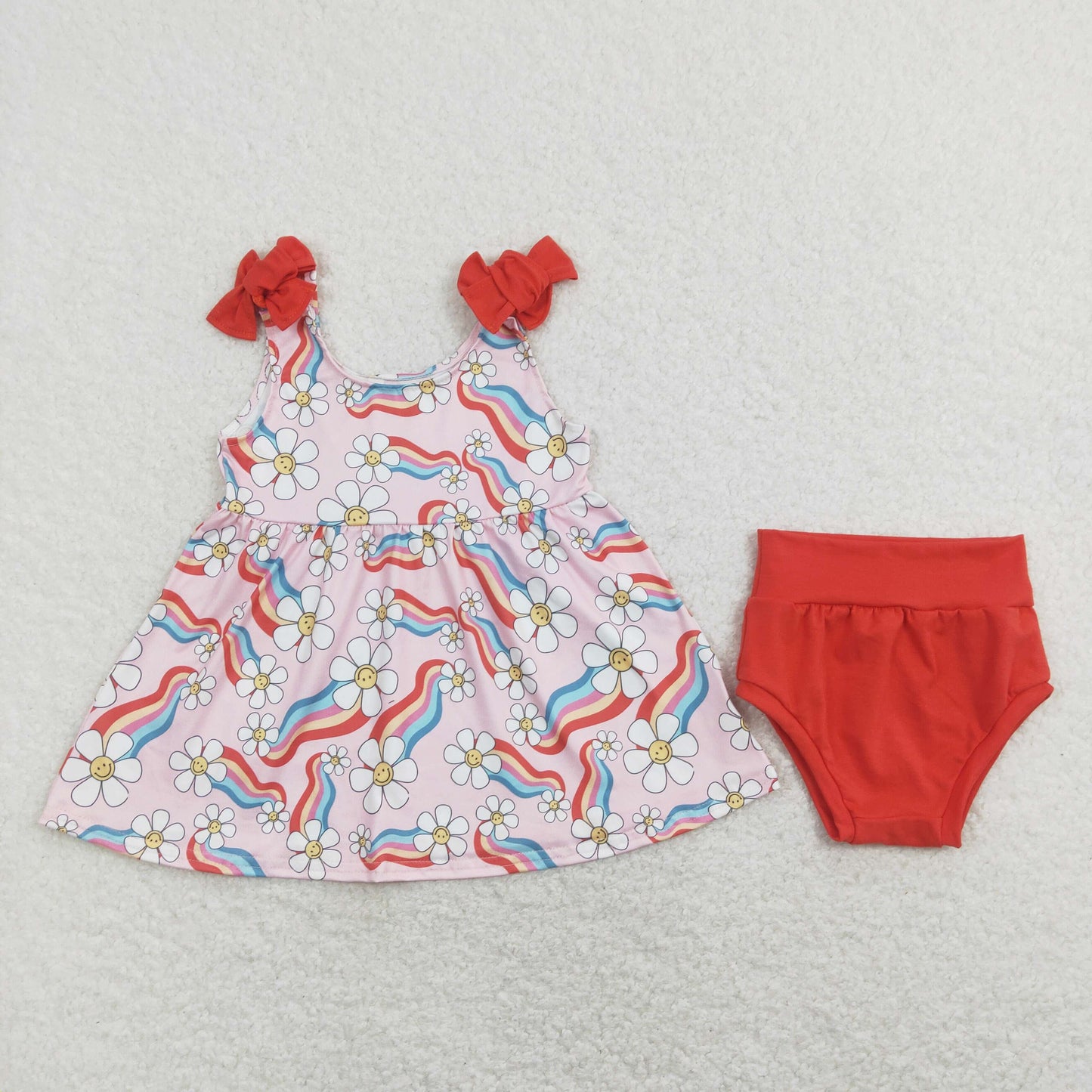GBO0278 Rainbow Flowers Pink Sleeveless Orange Girls Bummies Set