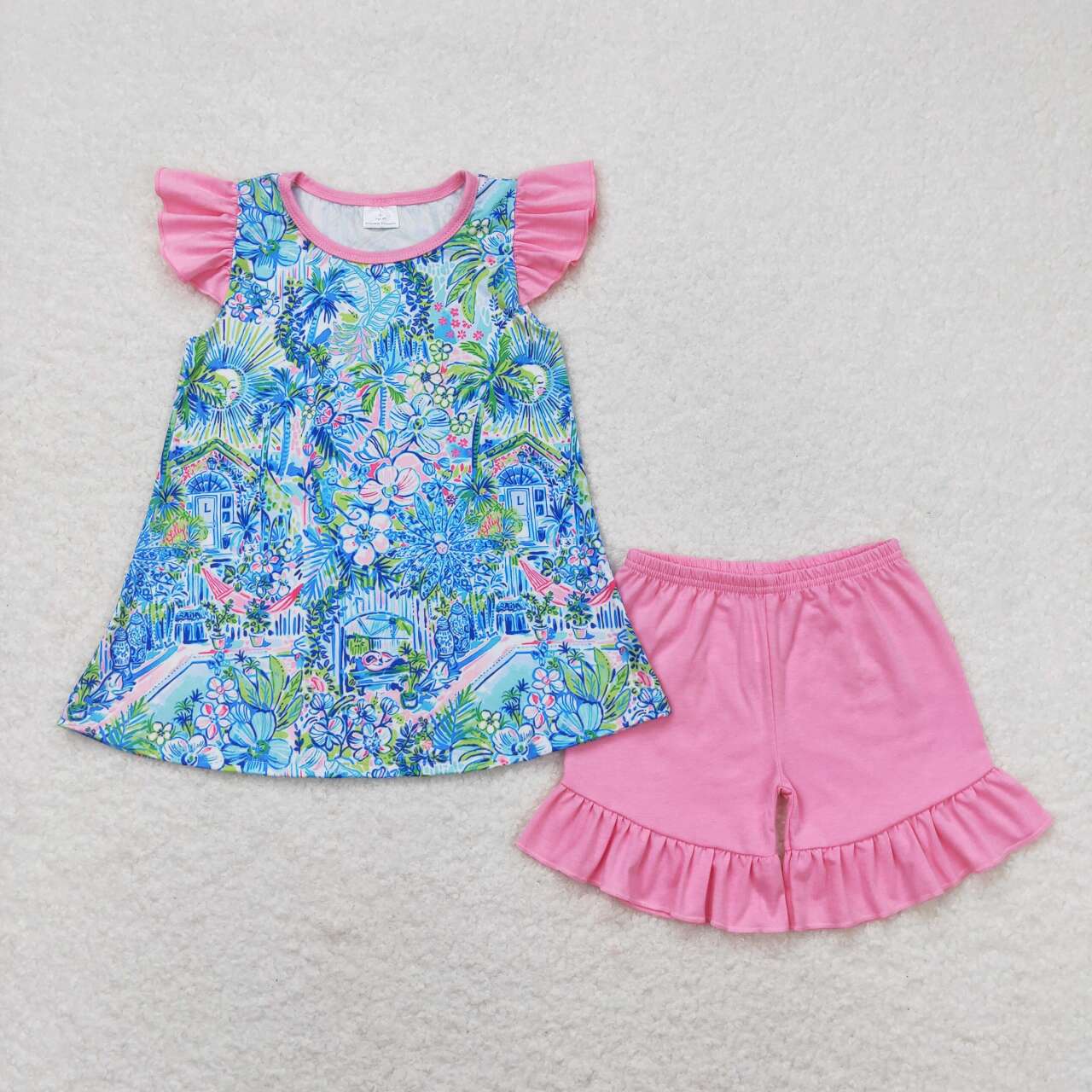 GSSO1085 blue house flowers flutter sleeve hot pink shorts girls set bright color