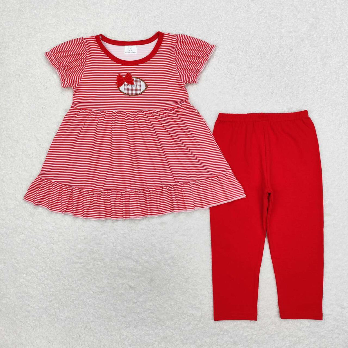 GSPO1675 embroidery football red striped short sleeve red pants girls set