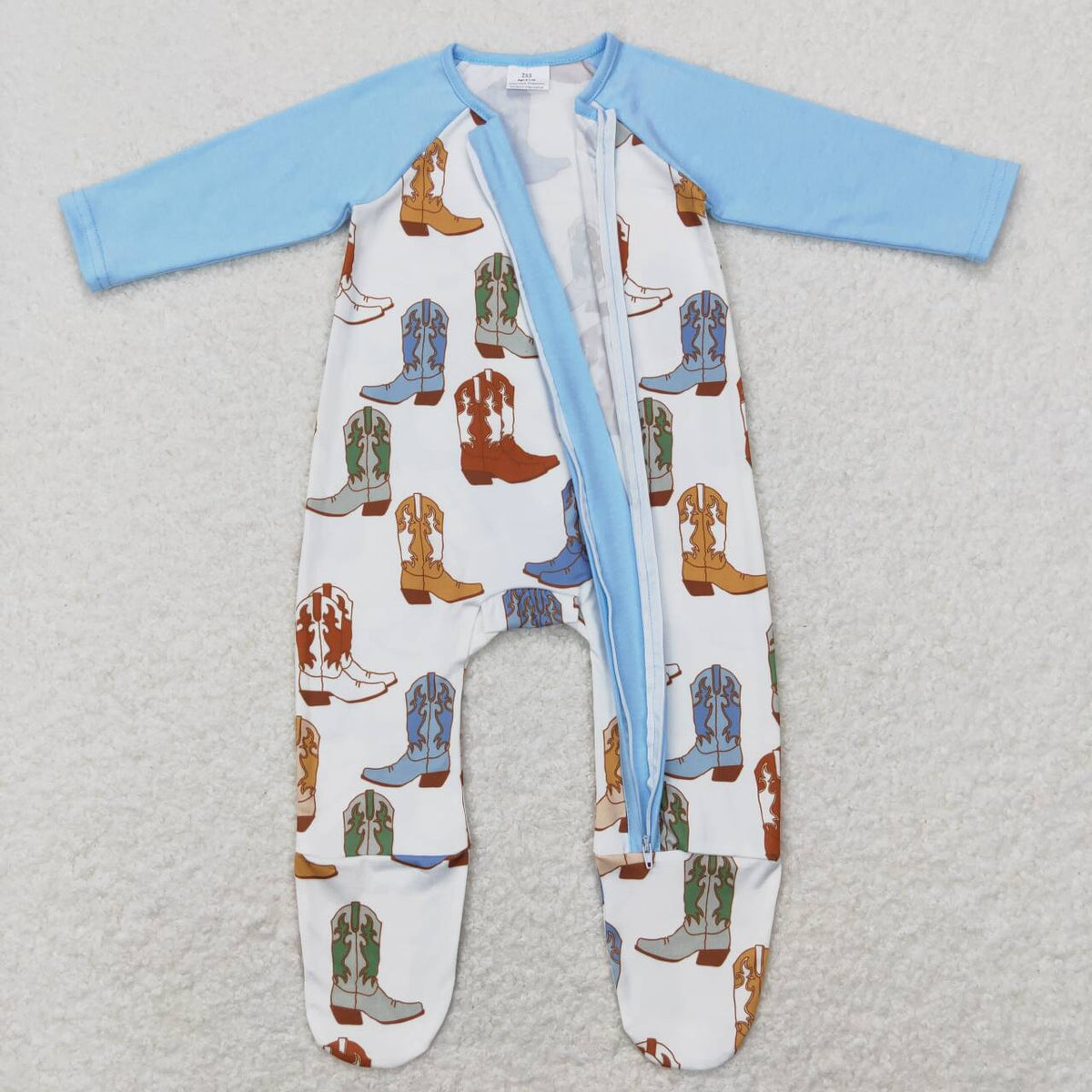 LR0853 Western boot blue long sleeve zipper girls romper