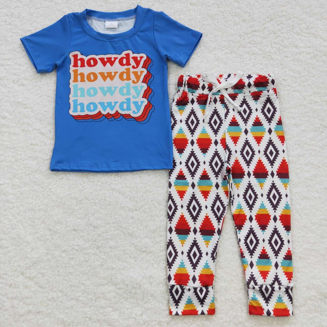 BSPO0137 Howdy blue short sleeve aztec pants boys set kids clothes