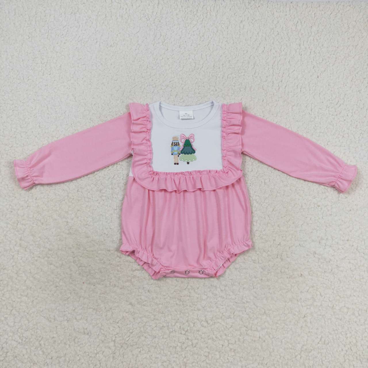 USA SHOP LR0480 Embroidery Christmas Tree Soldier Pink Long Sleeve Kids Romper