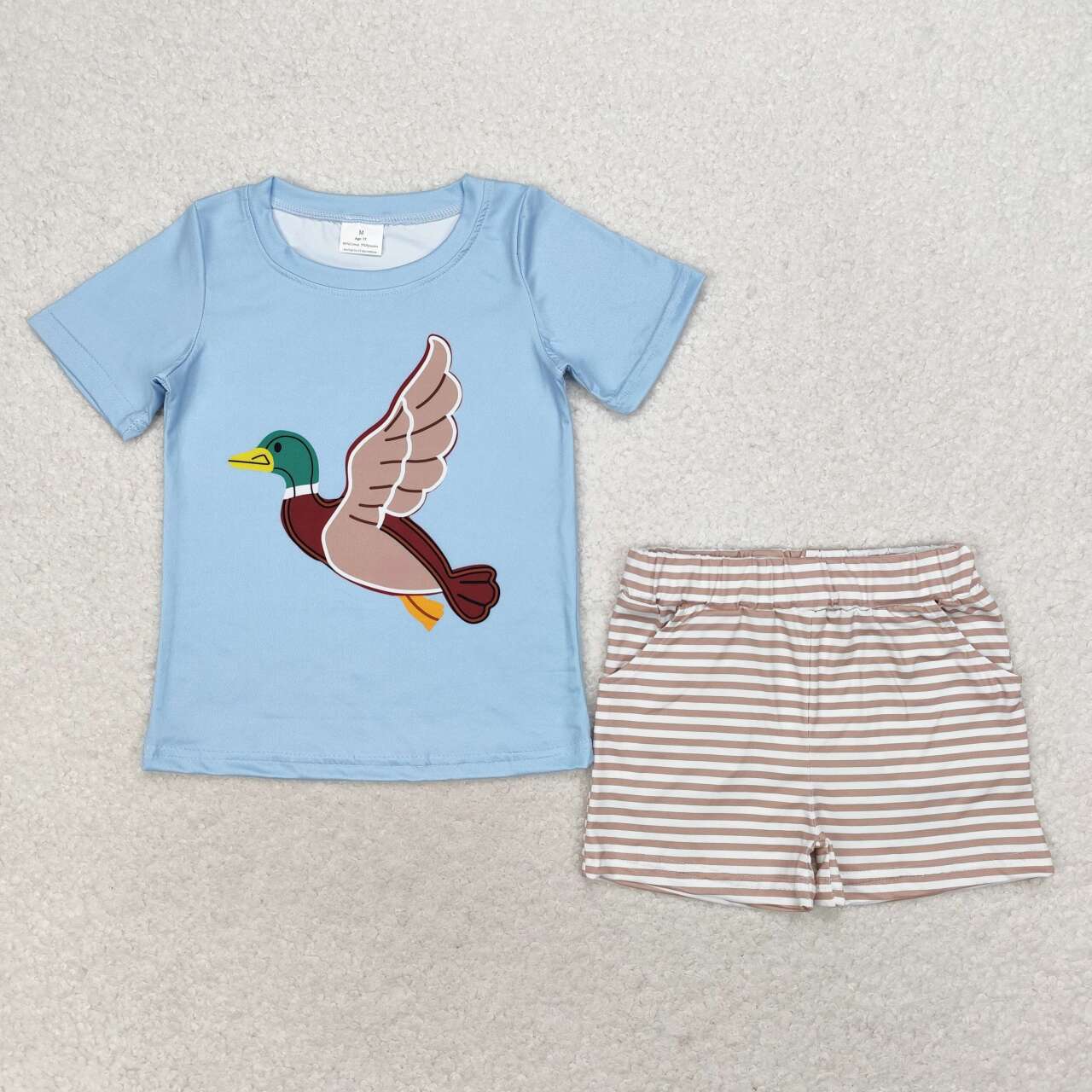 BSSO0970 mallard duck blue short sleeve khaki striped shorts boys set