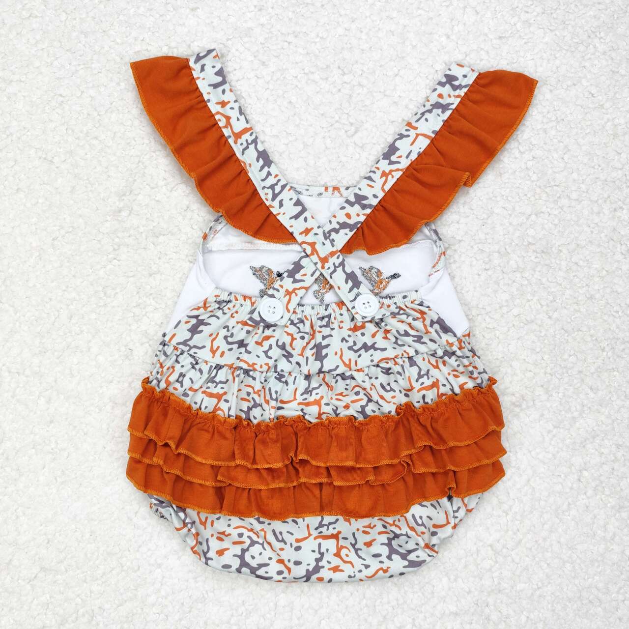 SR1742 embroidery mallard duck camo brown flutter sleeve girls romper