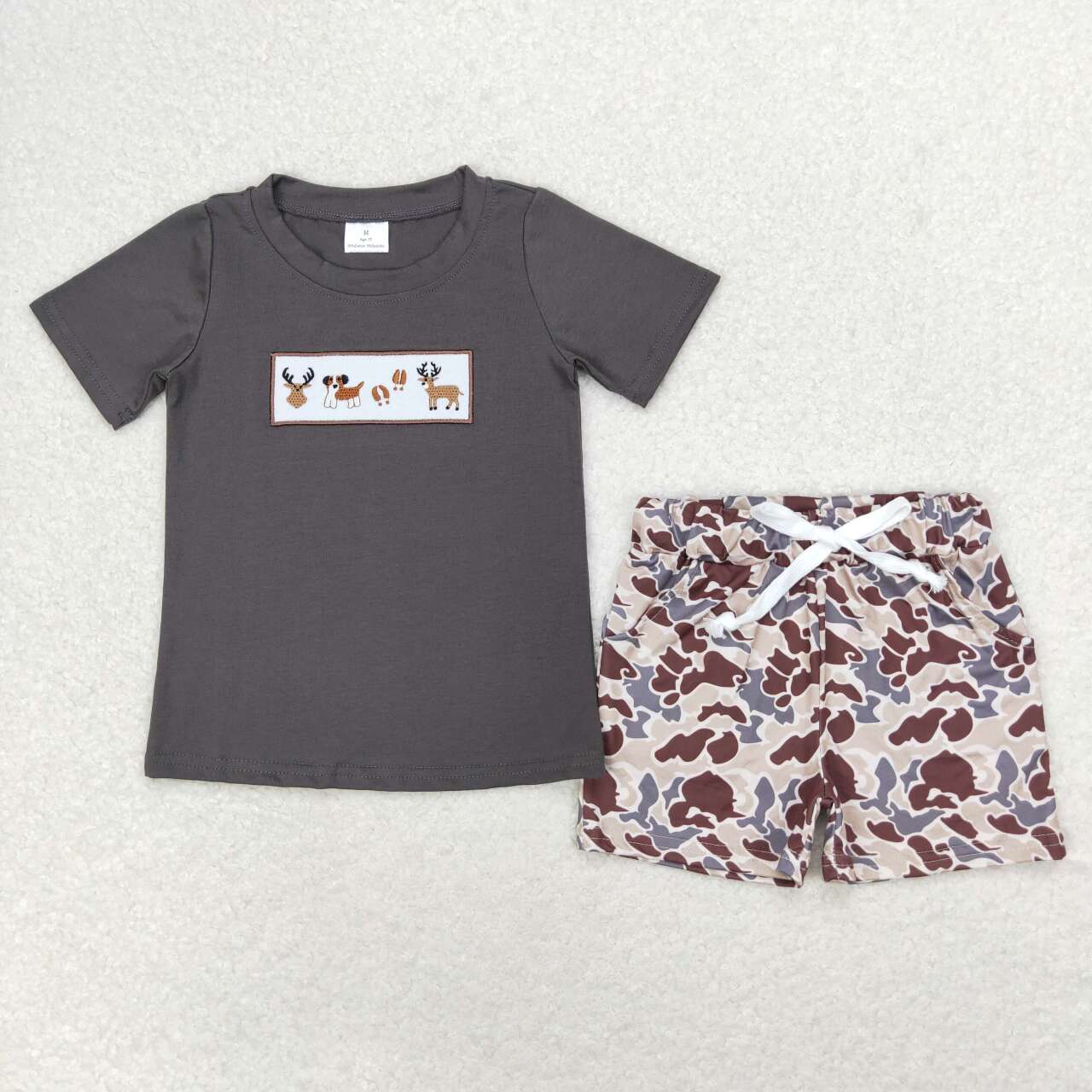 BSSO0969 embroidery hunting deer dog black short sleeve camo shorts boys set