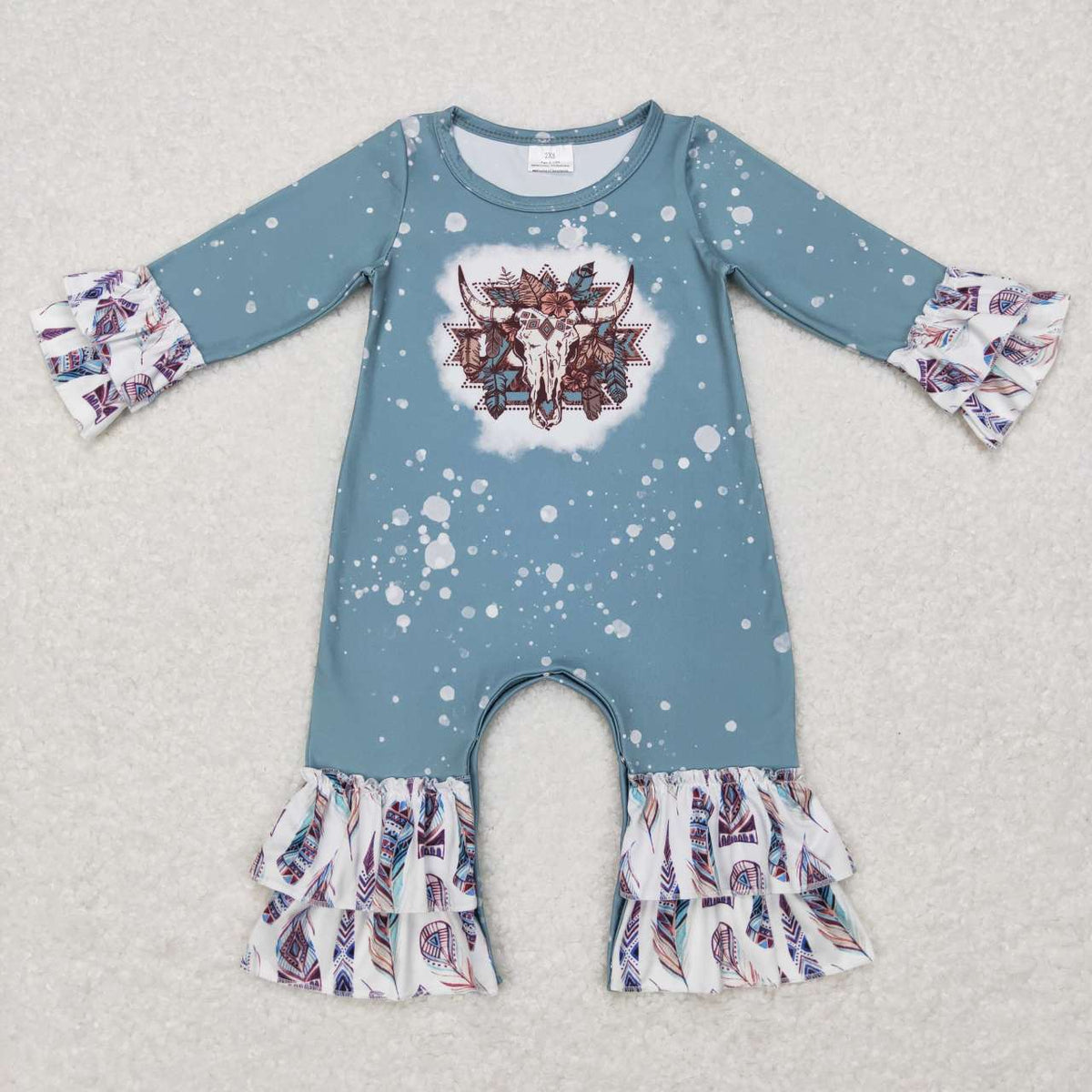 LR0593 Western cow flowers blue long sleeve girls romper