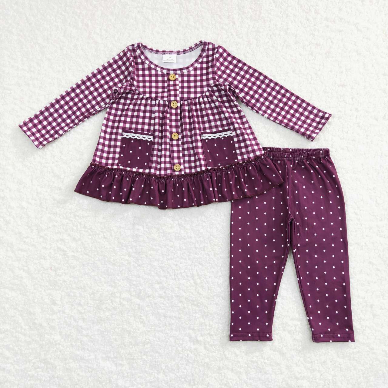 GLP0886 Dark red checkered pocket long sleeve dot pants girls set