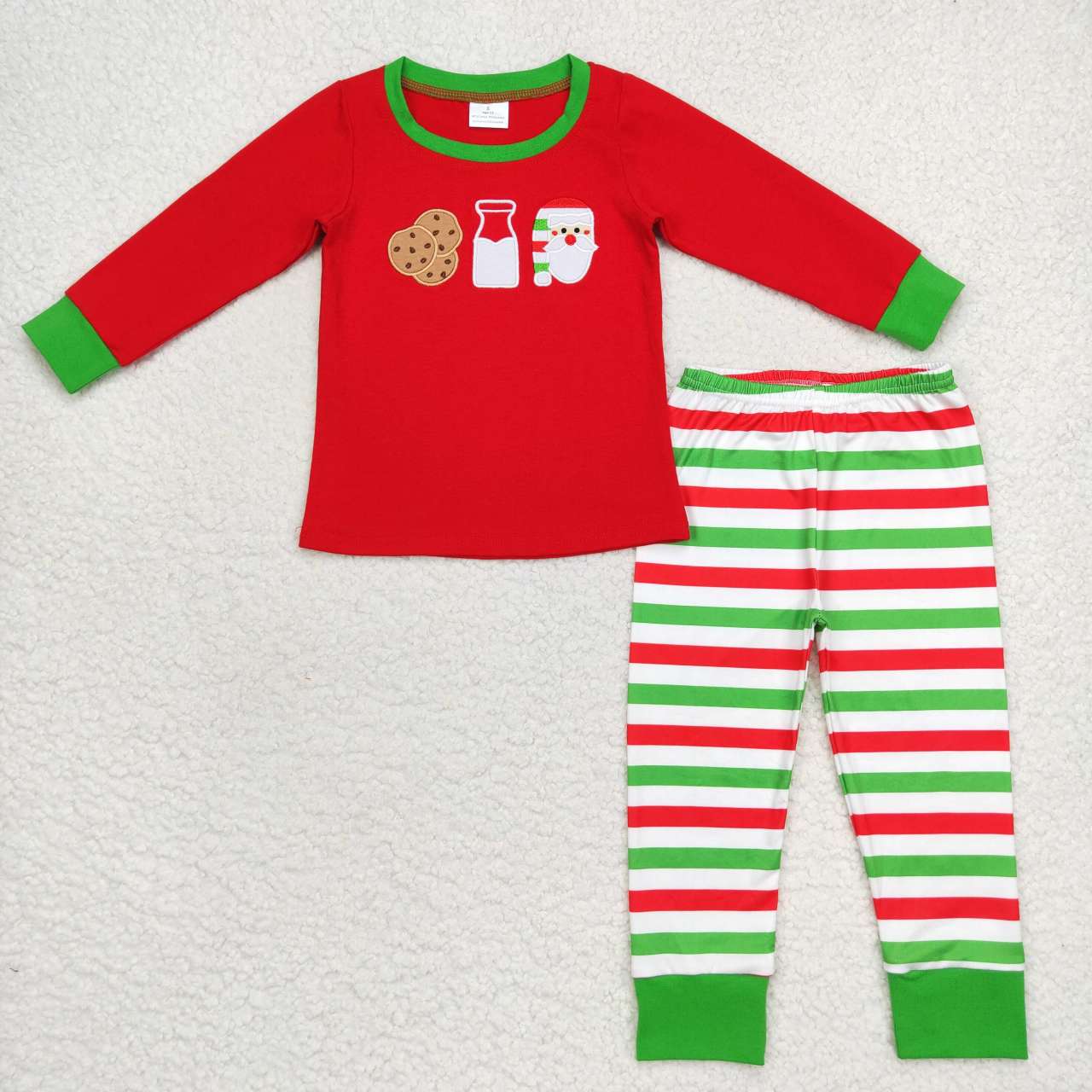 BLP0313 Christmas Santa Claus cookie red long sleeve red & green striped pants boys set