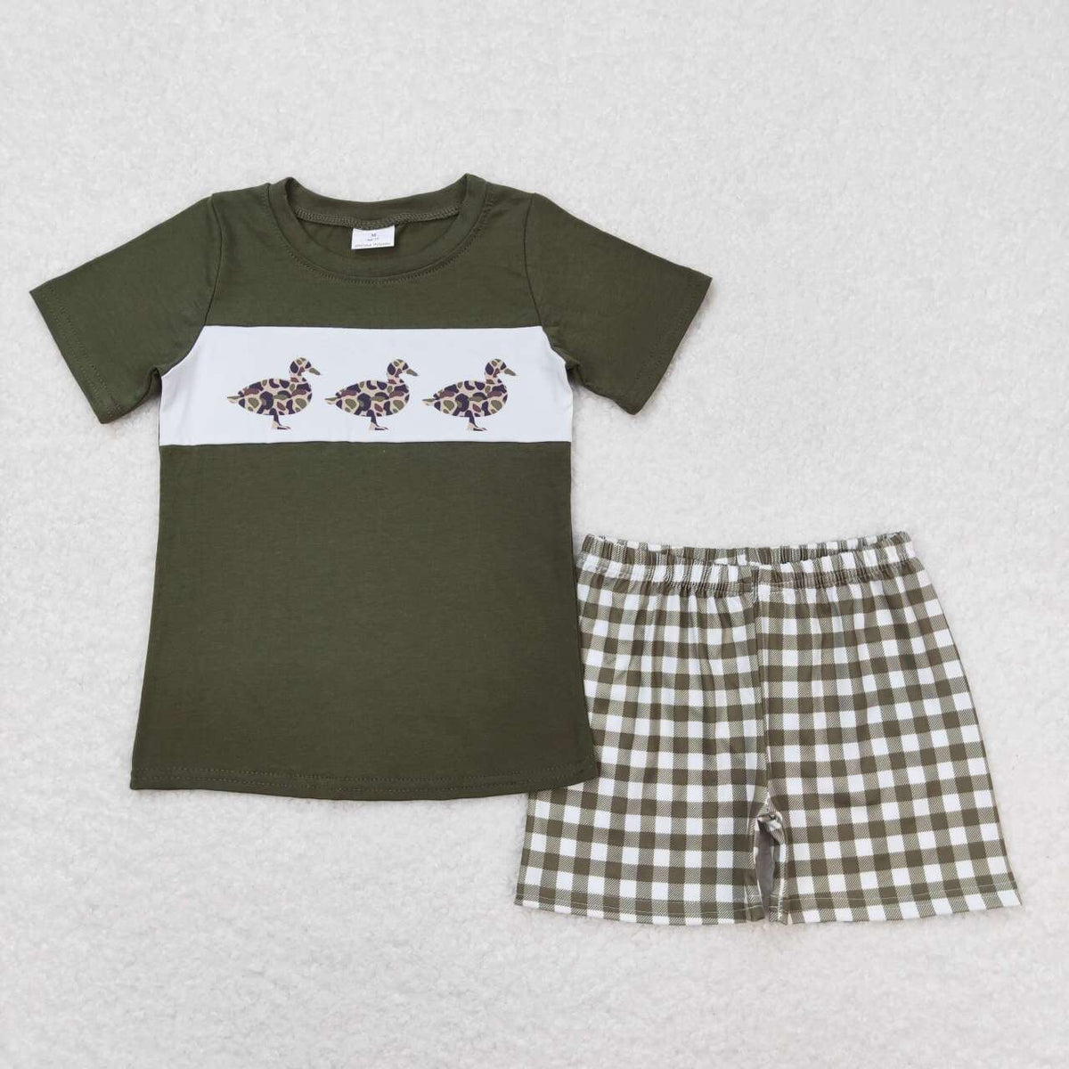 BSSO0663 Camo mallard green short sleeve green checkered shorts boys set