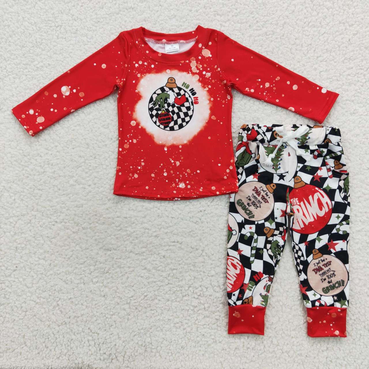 BLP0209 Christmas Green Face Red Long Sleeves Plaid Print Pants Boys Clothes