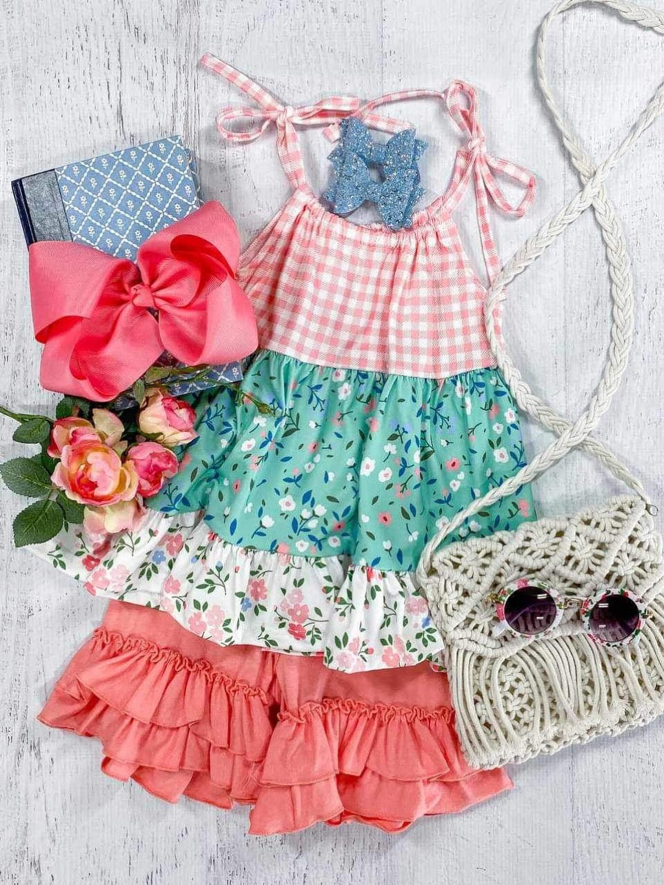 preorder flowers floral oink checkered lace-up top watermelon red shorts girls set