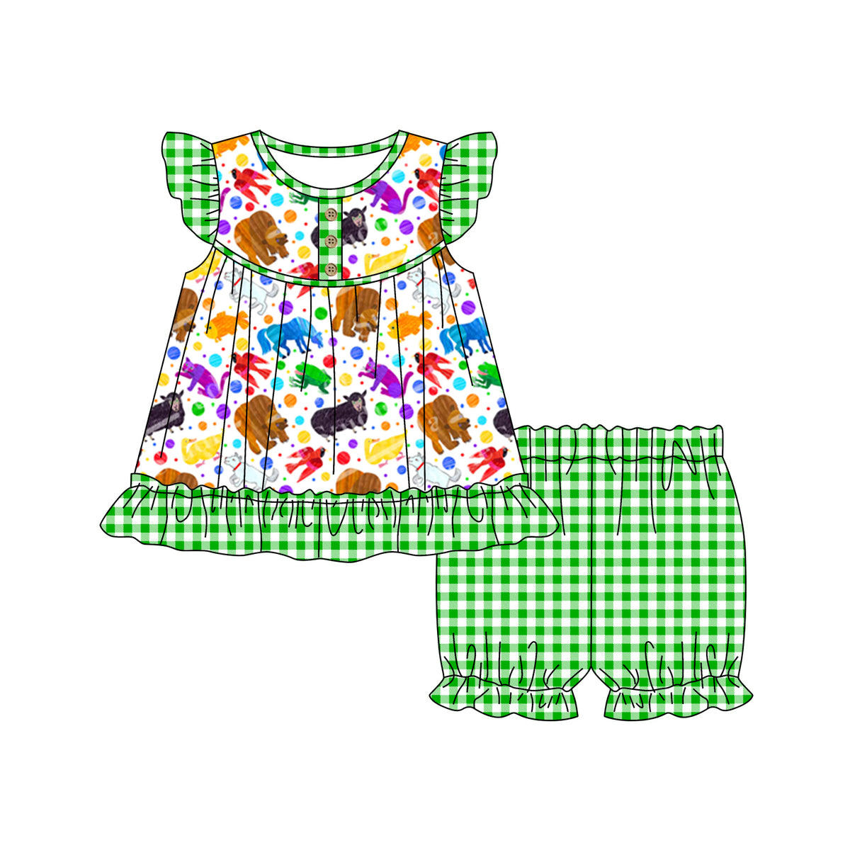 preorder colorful animals flutter sleeve green checkered shorts girls set