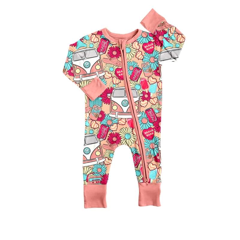 custom bus colorful flowers long sleeve zipper girls pink romper