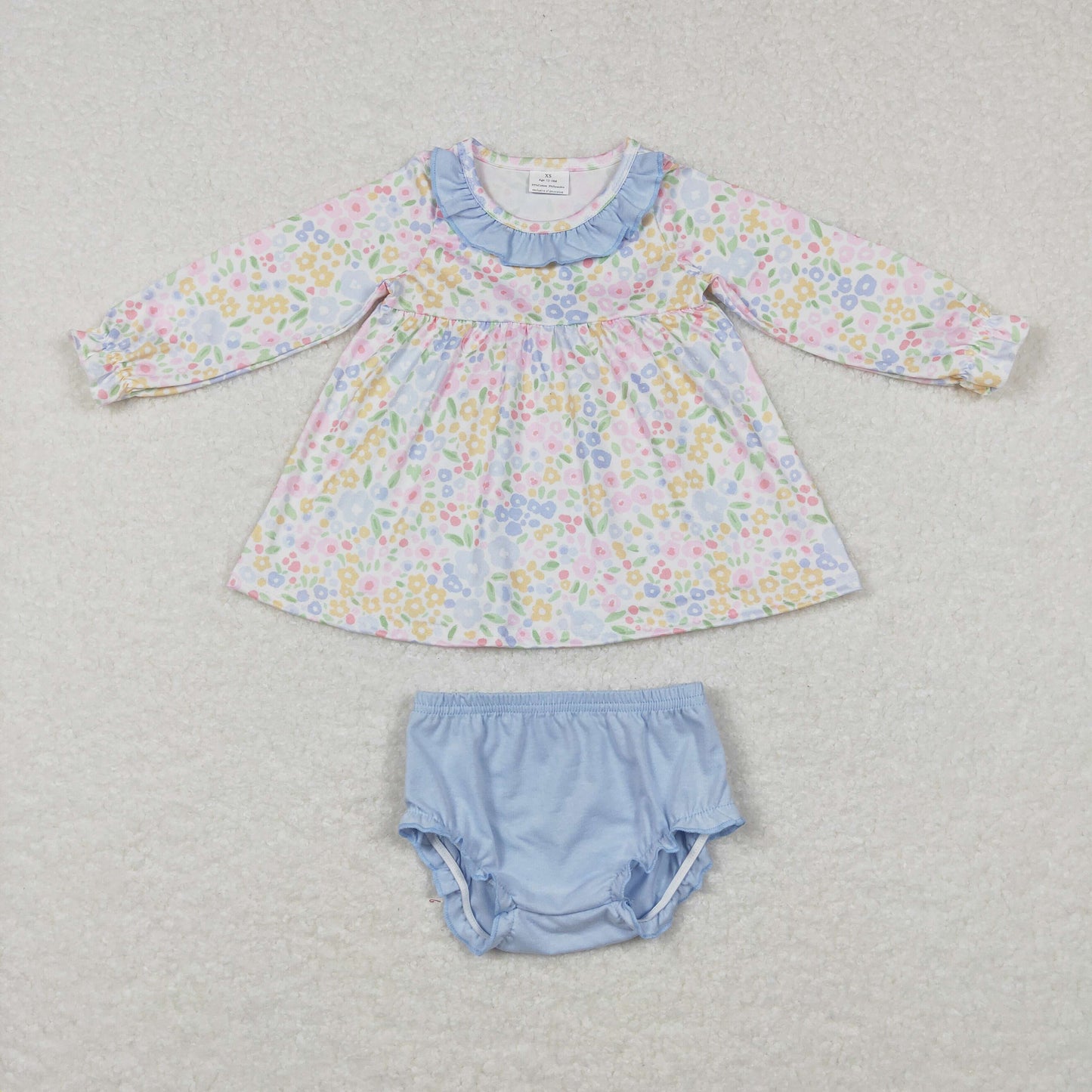 GBO0193 Colorful flowers long sleeve blue bummies girls set