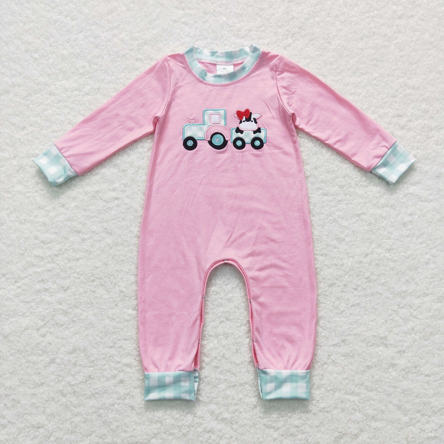LR0376 Farm Tractor Cow Pink Long Sleeves Kids Romper