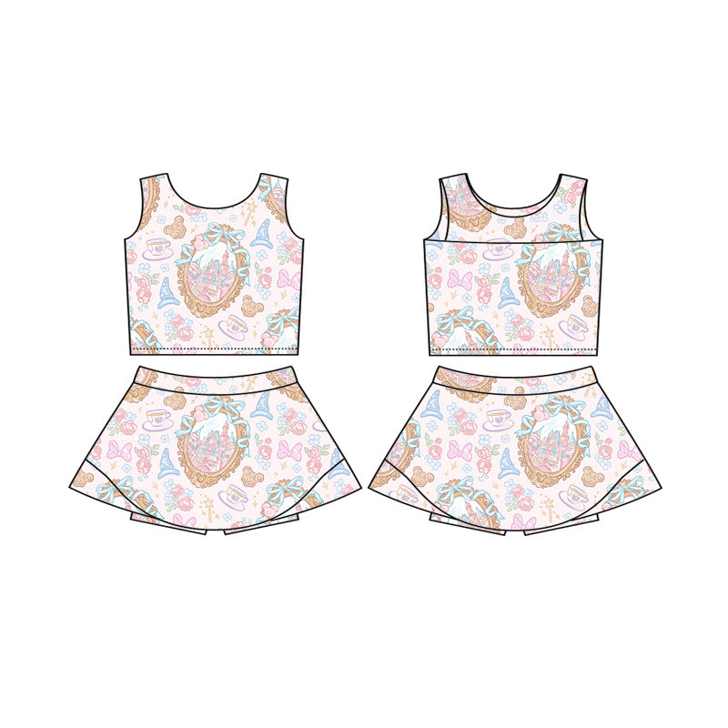 custom moq 3 cartoon M castle sleeveless skirt skorts girls set