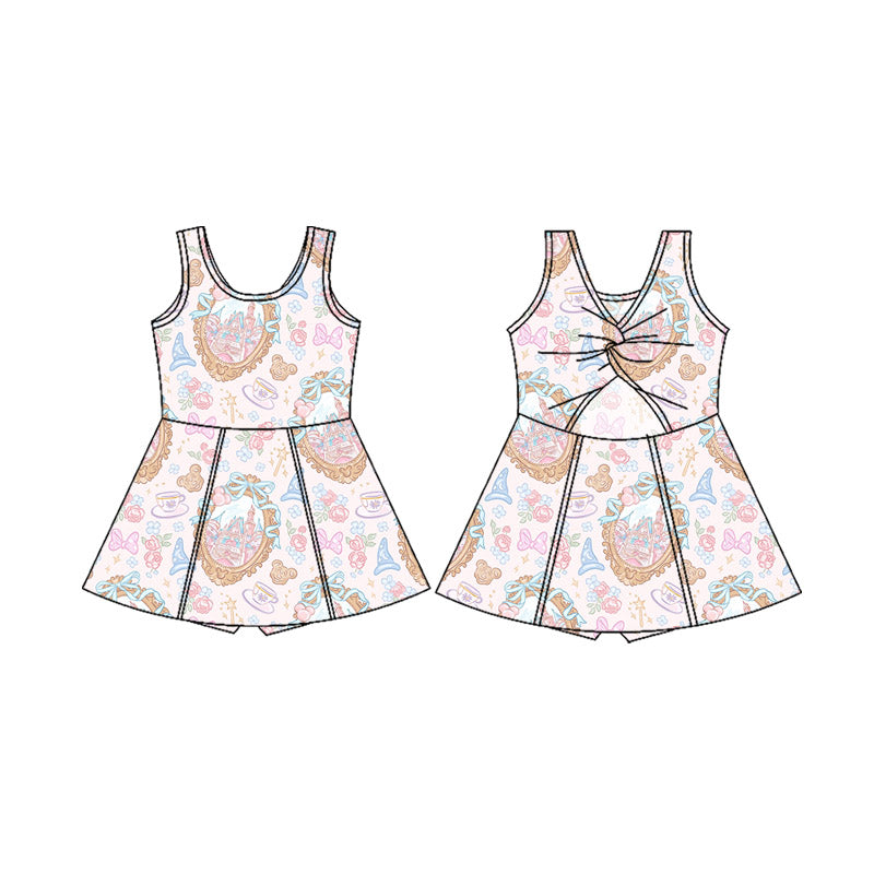 custom moq 3 cartoon M castle sleeveless skorts girls dress