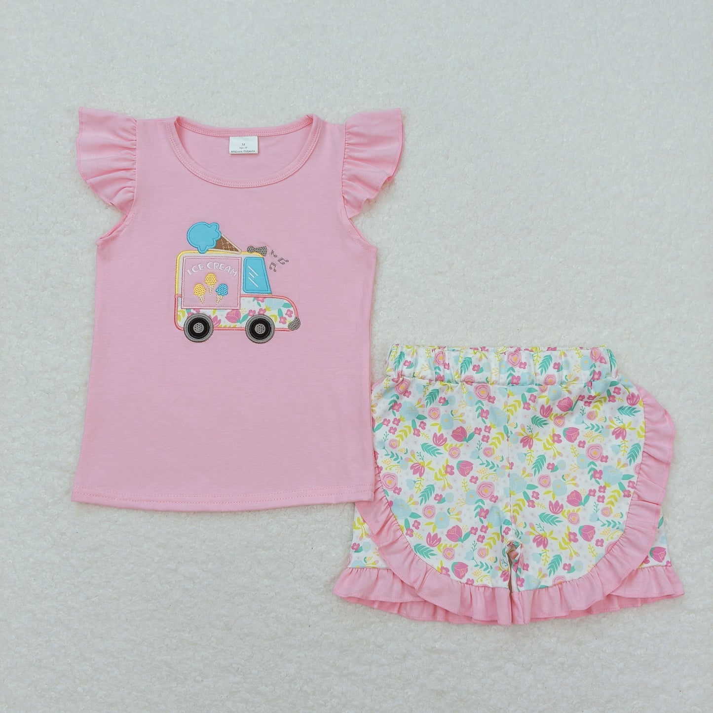 GSSO0644 embroidery ice car pink flutter sleeve flowers ruffles shorts girls set