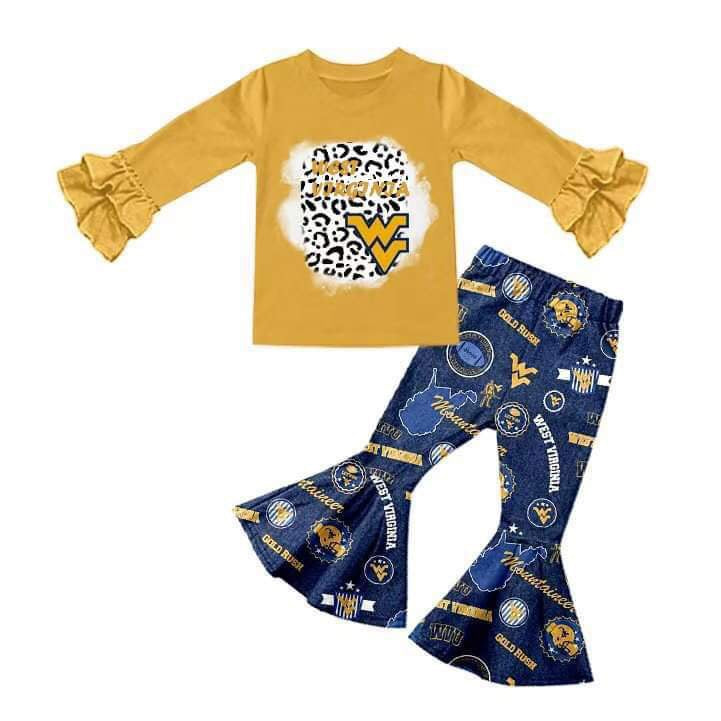 custom Yellow letter leopard blue long sleeve girls set