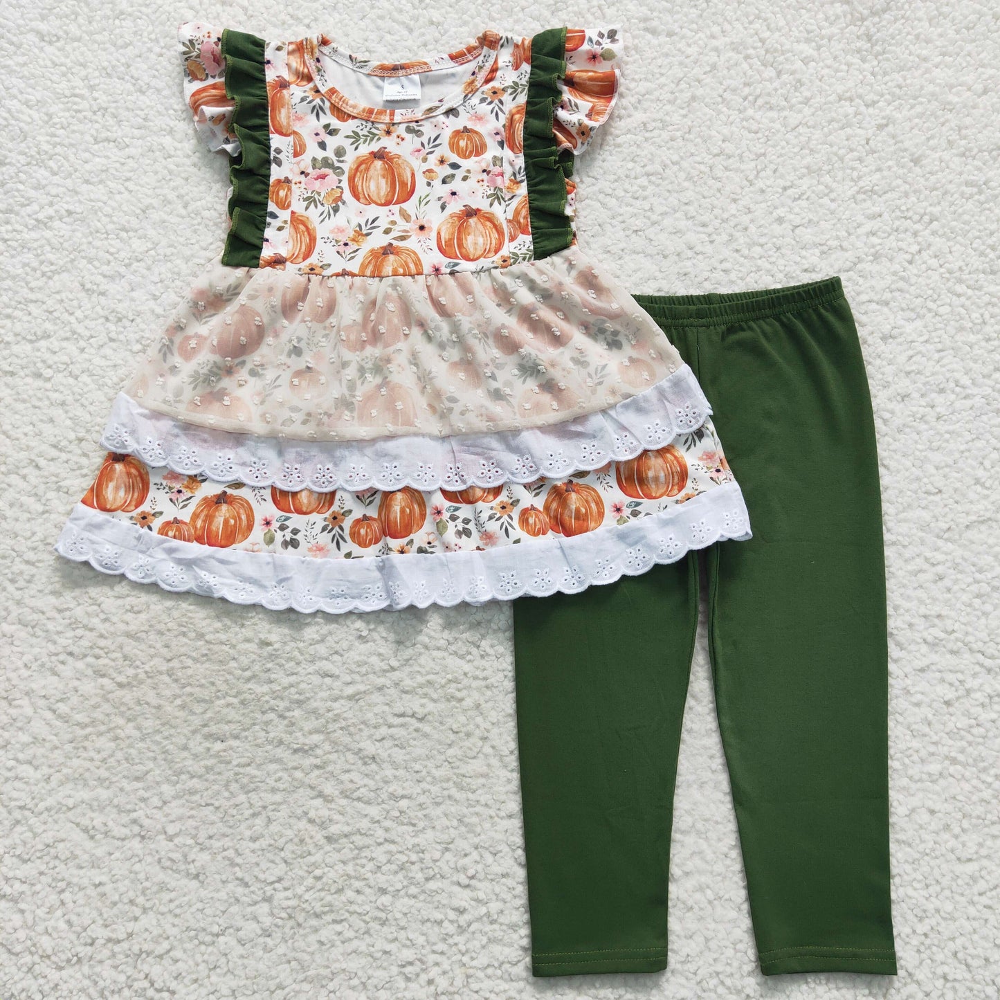 GSPO0810 Orange pumpkin short sleeve green pants girls set