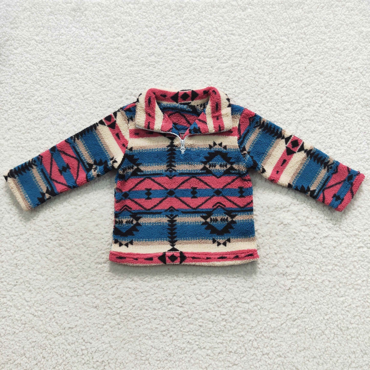 BT0353 Aztec hot pink & blue long sleeve kids plush pullover