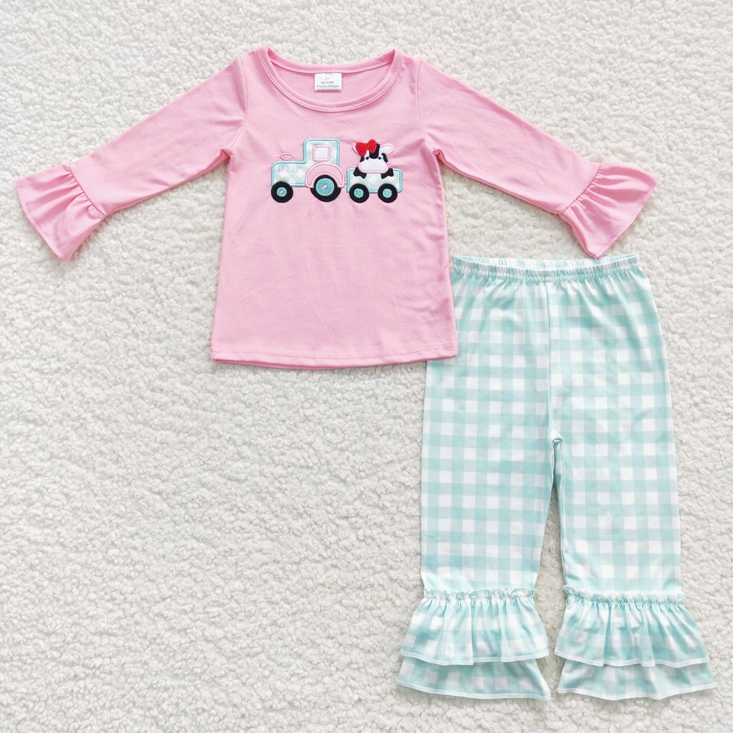 GLP0487 Farm Tractor Cow Pink Long Sleeves Cell Pants Girls Clothes