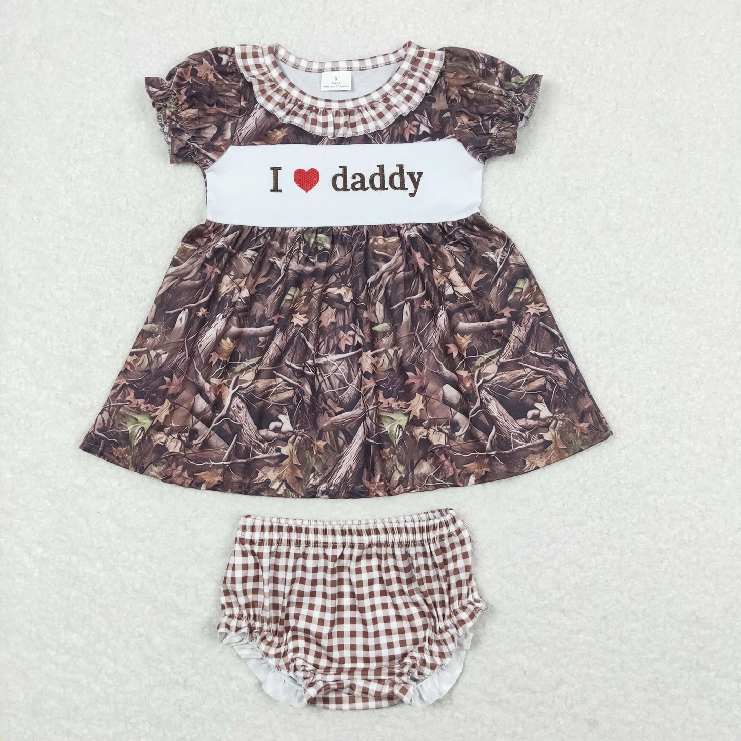GBO0320 embroidery i love daddy camo branch short sleeve brown checkered girls bummies set