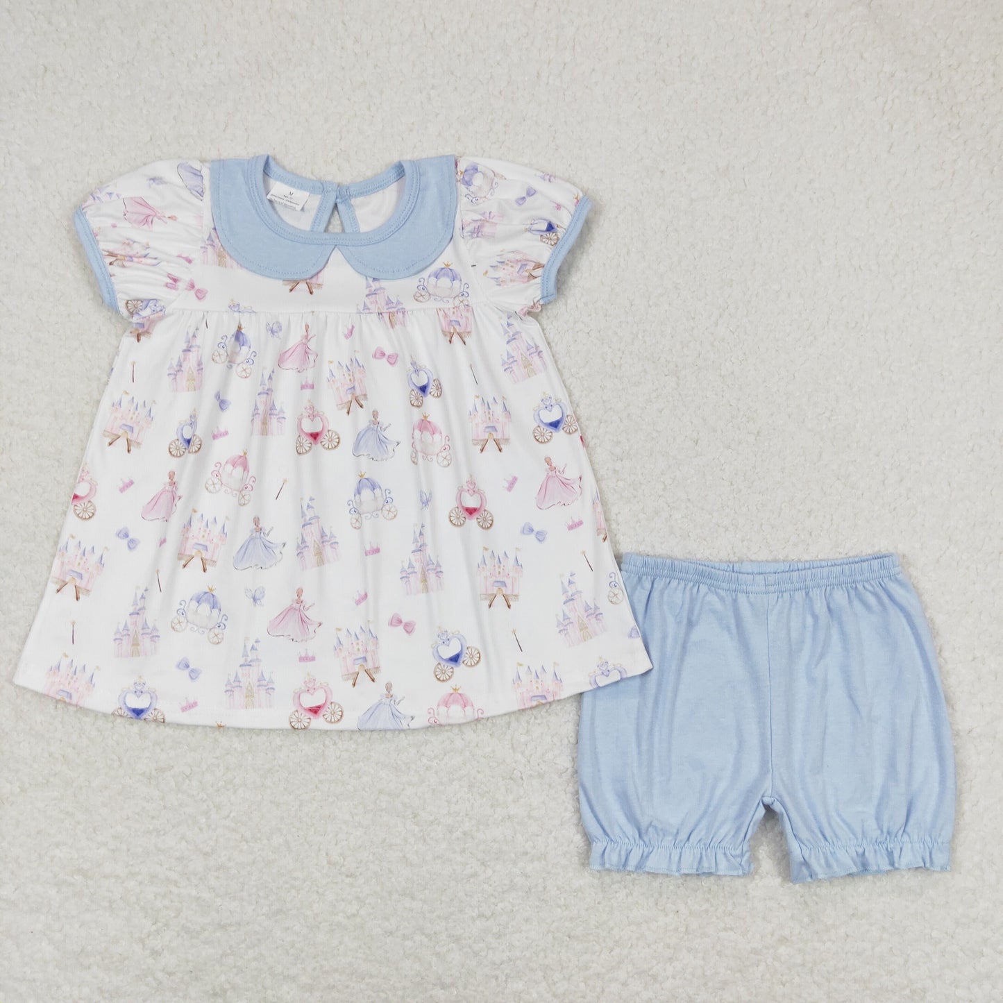 GSSO1046 cartoon princess castle short sleeve blue shorts girls set